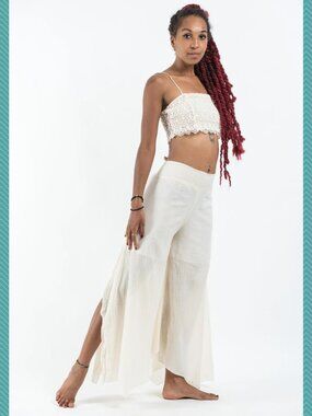 Harem Pants Ivory Cotton Crinkle Split Flowy Palazzo Pants